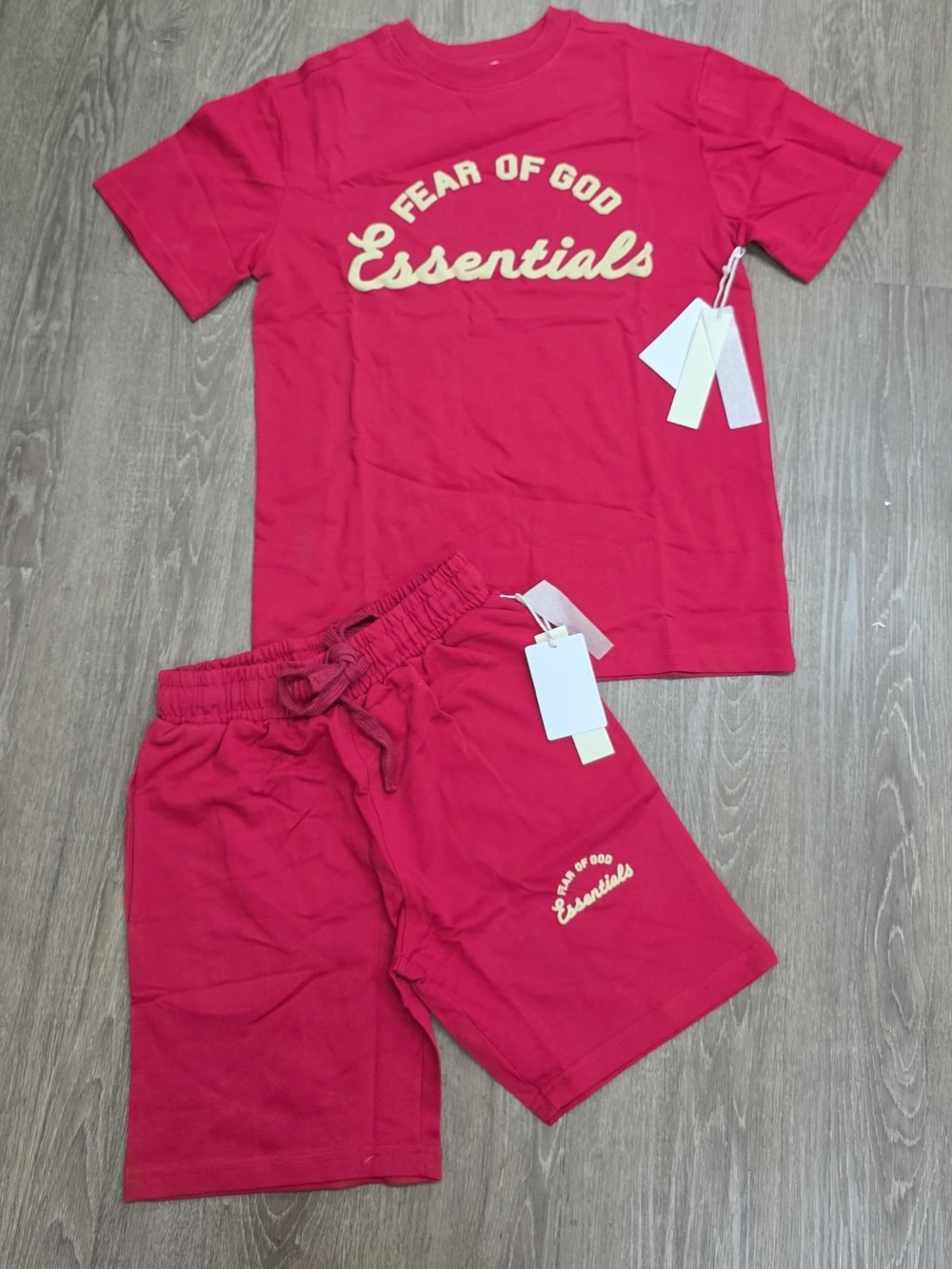 Fear of God Essentials Red Tee and Shorts Set with Cream Logo